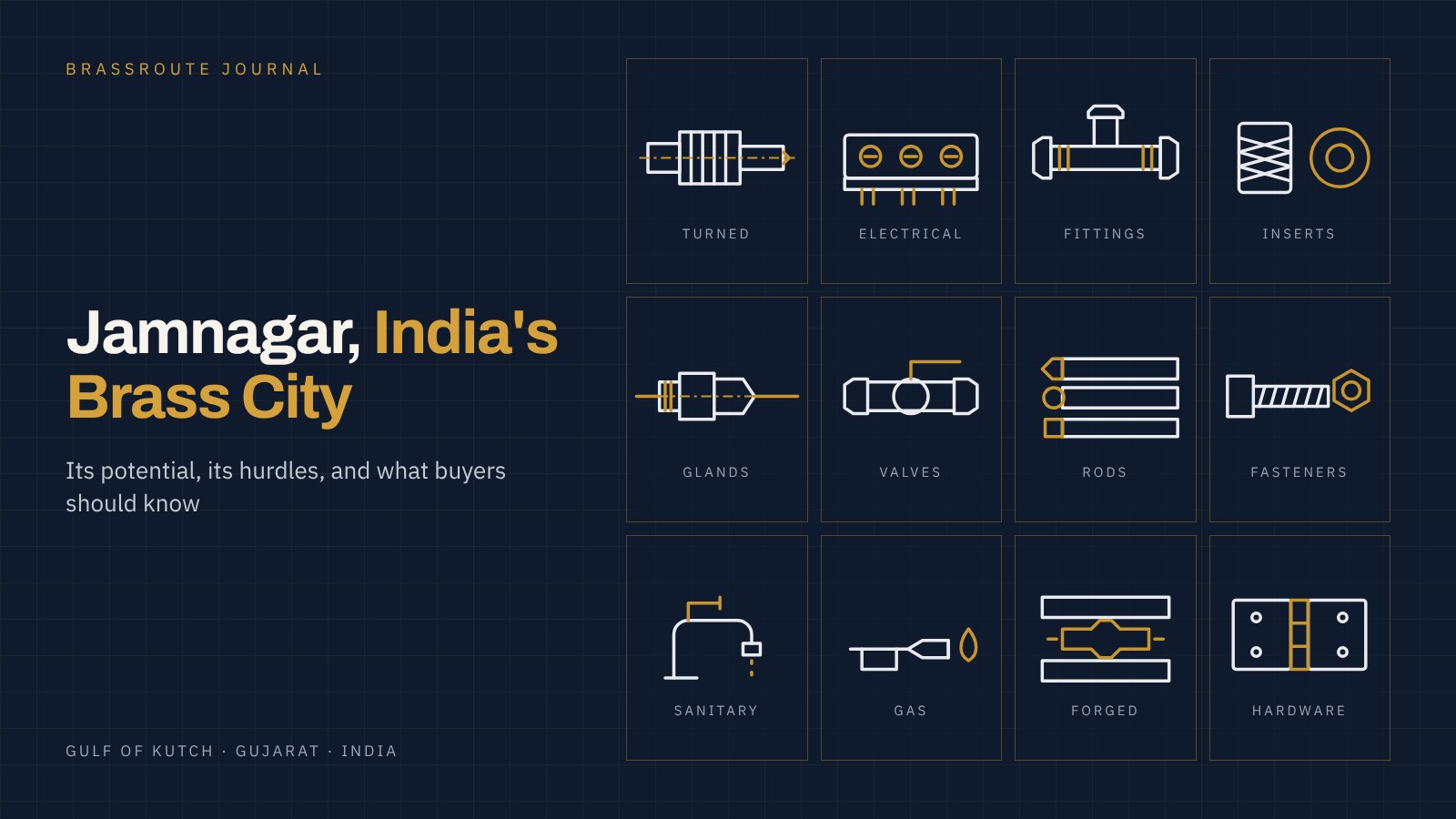 Line drawings of brass parts made in Jamnagar: turned components, fittings, inserts, terminals, cable glands and rods